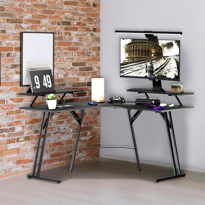 Ігровий стіл UISEBRT L-подібної форми 120 x 120 см з підставкою для монітора, ергономічний великий комп&39ютерний стіл з вуглецевого волокна, кутовий стіл для домашнього офісу - чорний