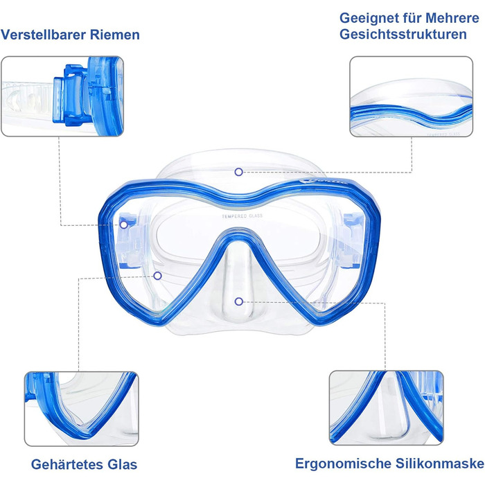 Дитячий набір для снорклінгу, набір для дайвінгу, маска для снорклінгу з 3-канальним преміум сухим снорклінгом та окулярами для дайвінгу з захистом від протікання та запотівання, професійний набір для снорклінгу для дітей, синього кольору