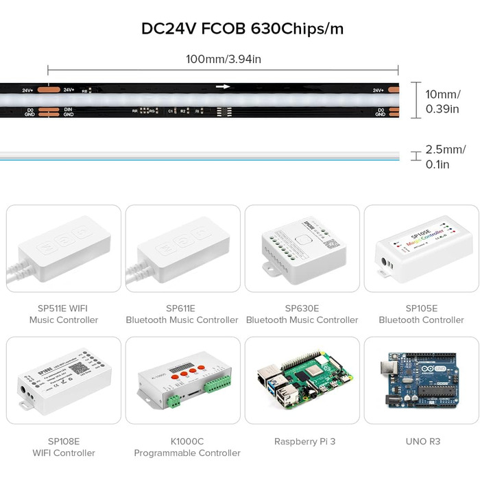 Гнучка світлодіодна стрічка COB високої щільності WS2811 IC світлодіодна стрічка 5M 630 світлодіодів/м 14 Вт/м DC24V IP30 Карбування кольору Прикраса своїми руками (не контролер вмісту та блок живлення) (Чорна друкована плата, DC24V 3M 630LEDs/M)