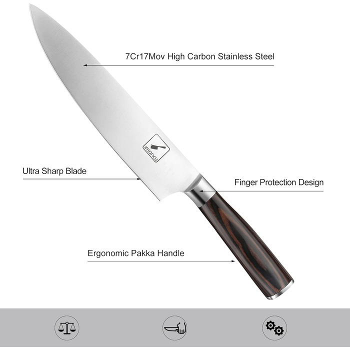 Ніж шеф-кухаря imarku, 20-сантиметровий кухонний ніж професійний ніж, Високовуглецевий ніж шеф-кухаря з нержавіючої сталі гострий,