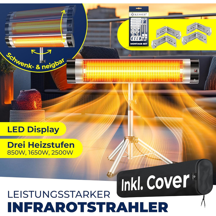 Інфрачервоний обігрівач KESSER, обігрівач для патіо, 2500 Вт, включаючи захисний чохол, телескопічна підставка з регульованою висотою, обігрівач для пеленального столу, обігрівач для патіо, кварцовий обігрівач, інфрачервоний