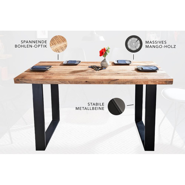 Обідній стіл invicta INTERIOR Design Iron Craft 140 см, мангове дерево, залізний промисловий дизайн, дерев&39яний стіл, конференц-стіл з масиву дерева