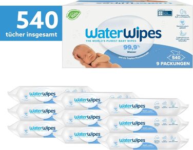 Оригінальні очищувальні серветки WaterWipes Plastic Free для немовлят, 720 шт. (12 упаковок), 99,9 очищувальні серветки на водній основі, без запаху для чутливої шкіри (540 шт. (1 упаковка))