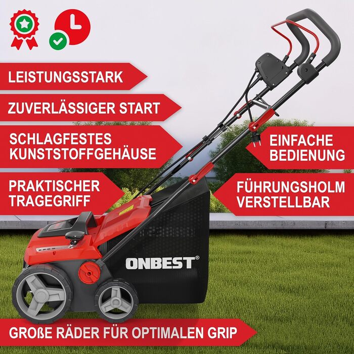 В-1 Електричний Вертикуттер 1800 Вт Ширина захоплення 38 см Обєм травозбірника 45 л з Вертикутуючим та Аераційним Валками для Видалення Моху/Бурянів та Покращення Повітряного Обміну Газону, 2-