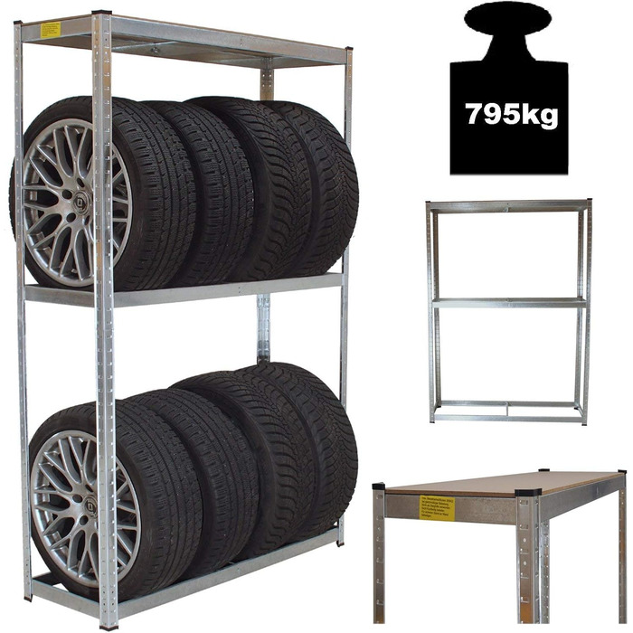 Стійка для шин TRUTZHOLM на 8 шин, 795 кг, 180x120x40 см, гумовий захист/захист країв, регульована висота, підставка для шин, безболтовий стелаж, стелаж для зберігання, регульована висота, гаражні полиці, полиці для майстерні, надміцні полиці