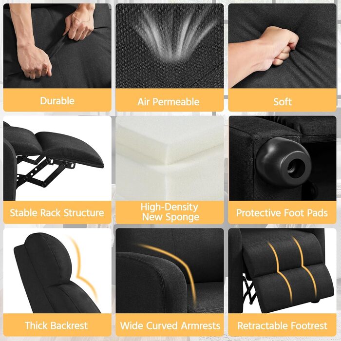 Крісло для телевізора Lounge Крісло-реклайнер з функцією відкидання М&39яке крісло з лляною тканиною Регульоване одномісне крісло Вітальня Спальня Домашній кінотеатр Чорний лляний