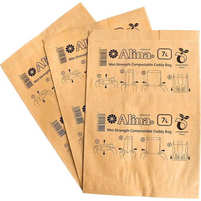 Компостований паперовий мішок для харчових відходів Alina/біорозкладний паперовий мішок об&39ємом 7 літрів, 50 x 6 - 8 л (коричневий, 50 пакетів), 50 шт. (1 упаковка)