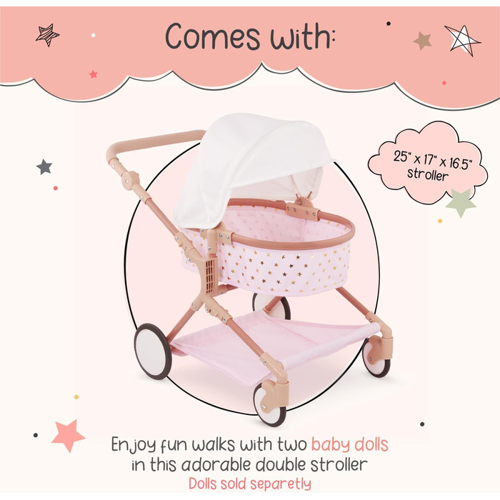 Коляска для ляльок-близнюків для ляльок 36 см - Коляска для ляльок зі складним дахом - рожева із золотими зірками - Аксесуари для