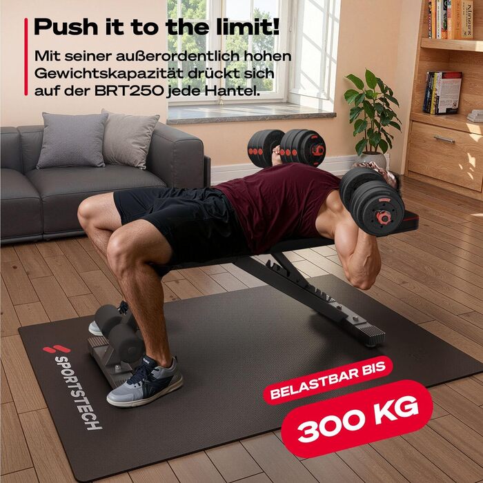 Складана та регульована силова лава Sportstech BRT250 багатофункціональна фітнес-лава для домашнього використання, лава 7-в-1 для тренувань усього тіла, компактно складається, вантажопідйомність до 300 кг BRT250 чорного кольору