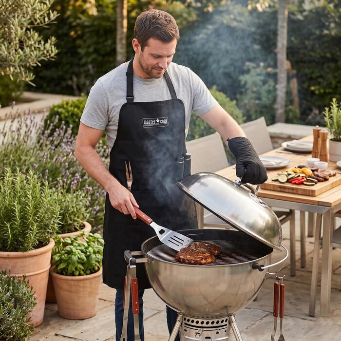 Професійний набір аксесуарів для гриля MasterCook зі сталі щипці, виделка, лопатка, фартух та рукавиця