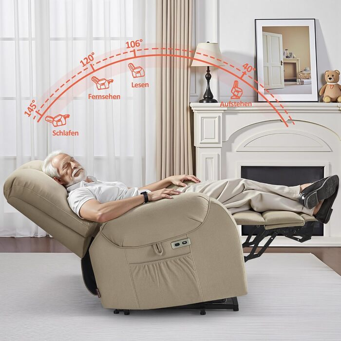 Електричне крісло-реклайнер для телевізора з підйомником, масажем та підігрівом, крісло-реклайнер з функцією нахилу на 145, подушка сидіння з піни 35D, приховані підставки для чашок 7252 (мікрофібра, бежево-коричневий) Бежево-коричнева мікрофібра