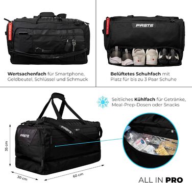 Преміальна спортивна сумка об&39ємом 68 л з функцією рюкзака, відділенням для взуття та відділенням для вологих речей, чорна - Футбольна сумка та тренувальна сумка з функцією охолодження, велика, для жінок та чоловіків - Дорожня сумка XL та сумка для спор