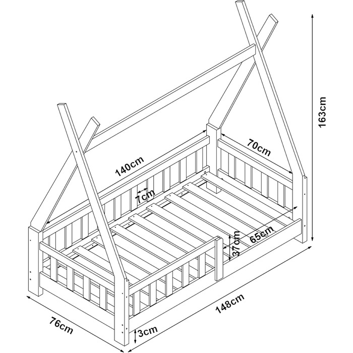 Дитяче ліжко Helsingborg 70 x 140 см із захистом від падіння, рейкова основа, намет-вігвам, дитяче ліжко, каркас ліжка, соснове дерево, дерев&39яне ліжко для дітей, кольори дерева