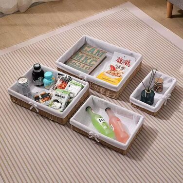 Набір із 4 хлібних кошиків, плетений декоративний кошик, плетений хлібний кошик ручної роботи з паперової мотузки, піднос для полиць, хлібниця з лляною тканиною, кошики для зберігання 4 розмірів, коричневий