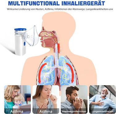Інгалятор електричний портативний небулайзер Безшумний інгалятор для дорослих і дітей, 2 схеми розпилення Регульована функція автоматичного очищення інгалятор з масками і мундштуком Синій