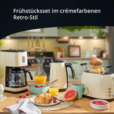 Набір для сніданку KHG Чайник, тостер і кавоварка кремовий бежевий ретро Vintage, місткість 1,7 літра, 2 скибочки тостів і 12 чашок кави, основа 360, регулювання рівня обсмажування, набір функцій Keep Warm з тостером і кавоваркою