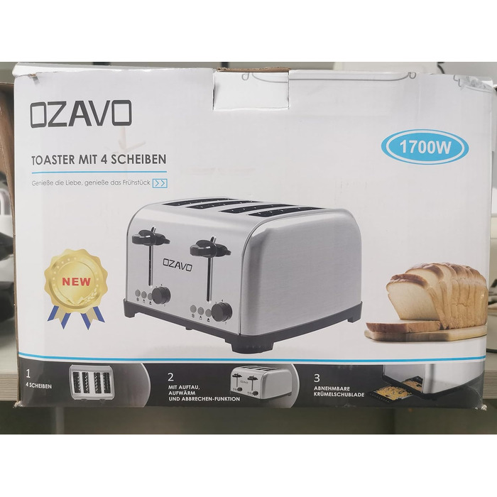 Тостер OZAVO 4 скибочки, насадка для булочок, 7 рівнів підсмажування, функція центрування, зі знімним піддоном для крихт, корпус з