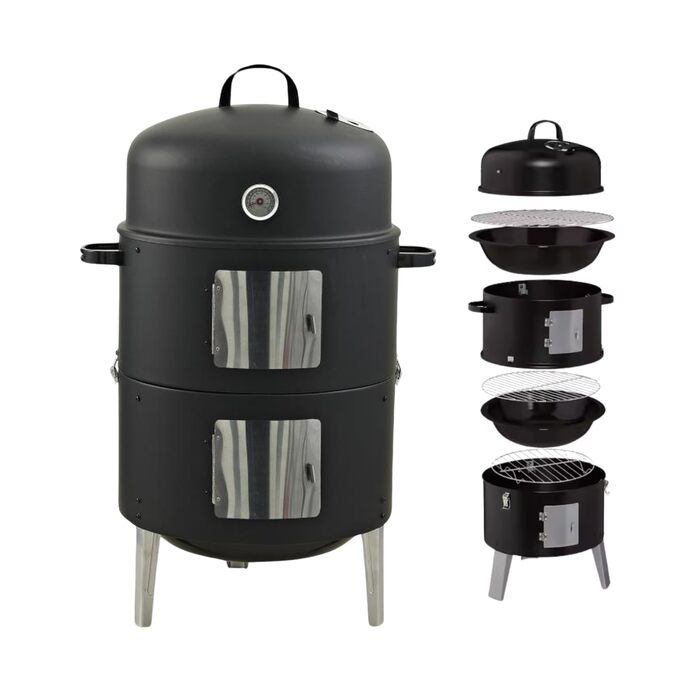 В-1 Дим-гриль Вугільний гриль з кришкою для копчення, смаження та приготування (з резервуаром для води, 2 решітками для грилю, гачками для копчення, термометром) Димна бочка для саду та кемпінгу, 400 3-