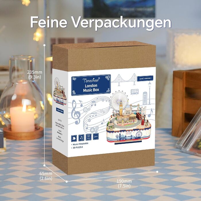 Музична скринька Tonecheer Дерев'яний 3D-пазл, набір моделей для сім'ї котів своїми руками для дорослих, обертова музична шкатулка, дерев'яні пазли Подарунки для прикраси будинку Подарунок на день народження Різдвяний підліток (Лондон)
