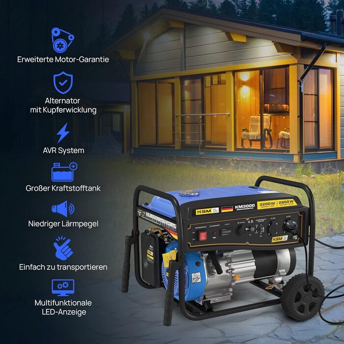 Бензиновий генератор потужністю 3000 Вт, 1-фазний, автоматичне керування AVR, світлодіодний дисплей, 4-тактний бензиновий двигун, 7 к.с., мідний генератор, бак 15 л, генератор потужністю 3 кВт (макс. 3300 Вт), 230 В 16 А