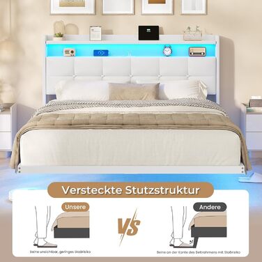 М&39яке ліжко 140x200 см, Ліжко 140 x 200 зі світлодіодним освітленням та зарядною станцією, Каркас ліжка з узголів&39ям, Каркас двоспального ліжка Плаваючий каркас ліжка, Металеве ліжко, ПУ, Сучасне, Біле (без матраца) 140 x 200 см Білий