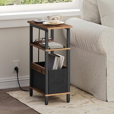 Журнальний столик із зарядною станцією, тумбочка біля ліжка зі знімною шухлядою, невеликий журнальний столик для обмеженого простору, спальня, вітальня, офіс, рустикальний коричневий та чорний AETHR125UE01