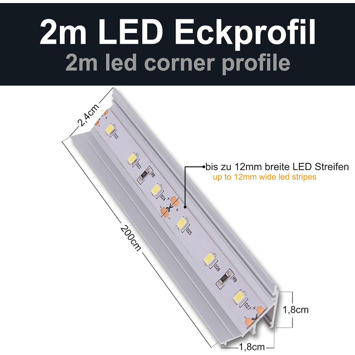 Світлодіодний кутовий профіль для однієї ванни 2м в одному шматку l Світлодіодний алюмінієвий профіль 45 градусів I Алюмінієвий профіль для світлодіодних стрічок I Світлова стрічка I 2м Комплектація 2 метри