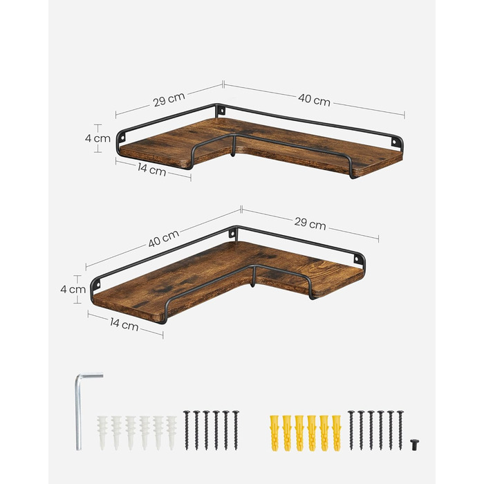 Подібна кутова полиця, комплект з 4 шт. , настінна полиця, промисловий дизайн, для вітальні, спальні, кухні, вінтажний коричнево-чорний LLS832B01 4 предмети Вінтажний коричневий чорний