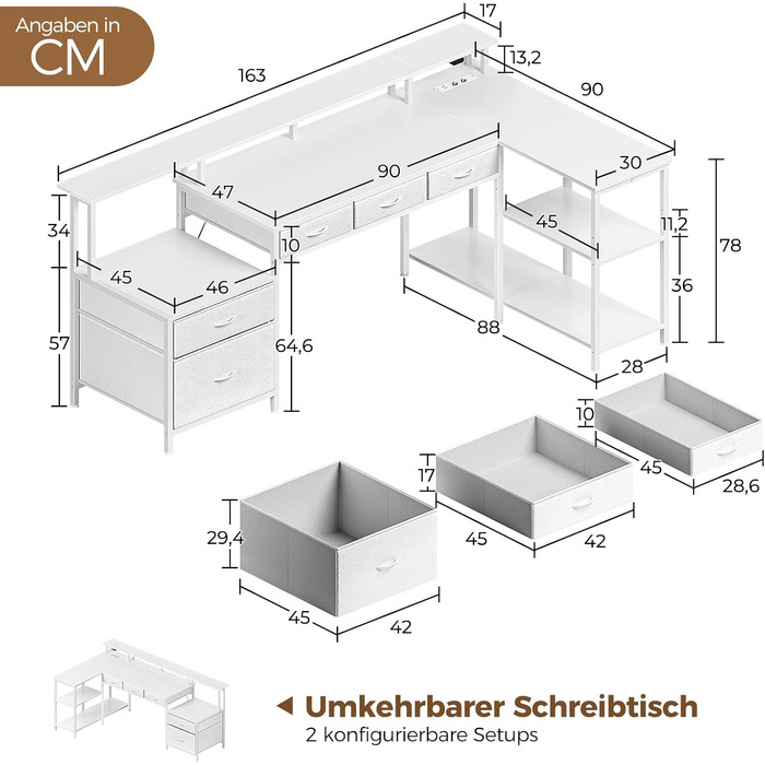 Г-подібний письмовий стіл на сім столів, комп&39ютерний стіл з розеткою, світлодіодним освітленням та підставкою для монітора, кутовий стіл з двостороннім розташуванням головок та шухлядами, ідеально підходить для спальні, офісу, вітальні, білий