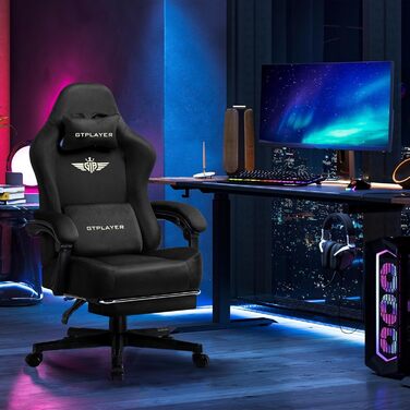 Ігрове крісло GTPLAYER, Дихаюче офісне крісло, Ергономічне офісне крісло, Високоякісна тканина, Ергономічне крісло для ПК, Регульована на 160 спинка та Розсувна підставка для ніг, Чорний оксамит