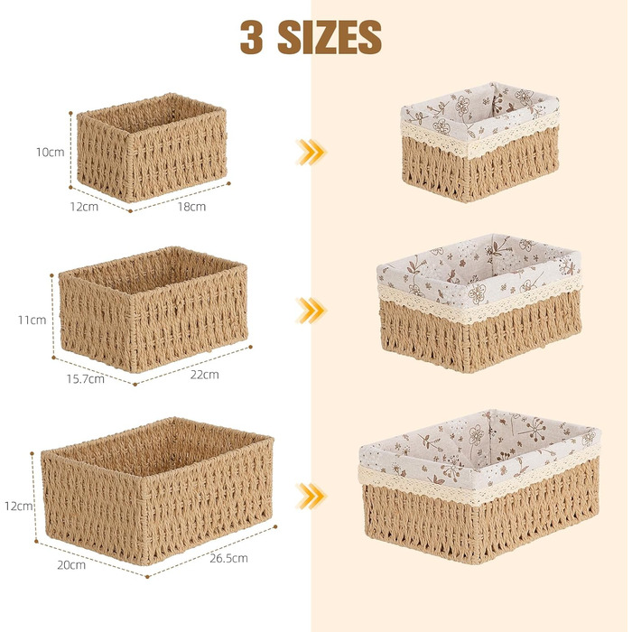 Кошик для зберігання з підкладкою, набір кошиків для зберігання іграшок з 3 предметів, ручне плетіння, декор у стилі бохо, плетений матеріал, що підлягає переробці, кошики-органайзери для пеленального столика, коробки для дитячої кімнати, маленький кошик 
