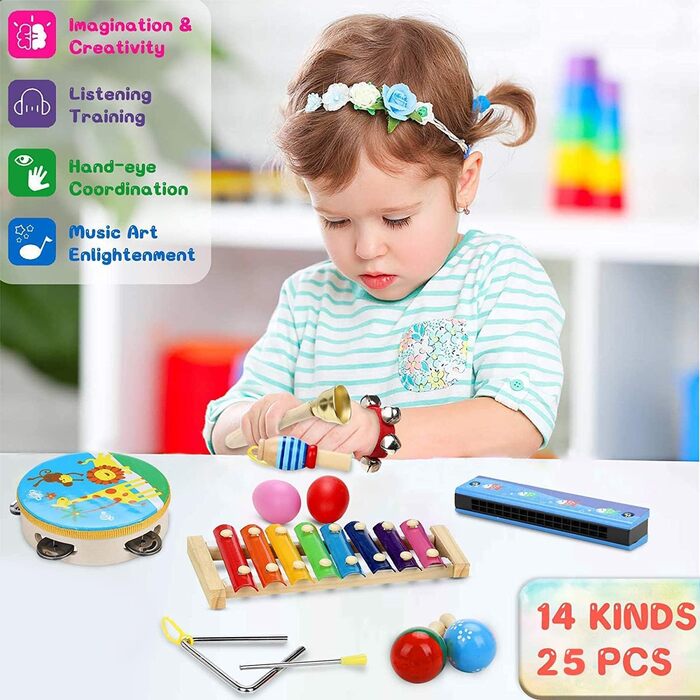 Музичні інструменти для дітей набір - 25 шт. дитячі іграшки від 2 3 років - дерев'яні іграшки барабан ксилофон для дітей - маленьк