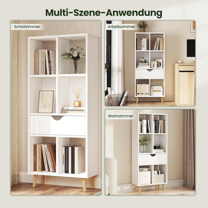 Книжкова полиця EUGAD, книжкова шафа, перегородка для кімнати, полиця для файлів, полиця для зберігання, окремостояча полиця з шухлядою та ніжками, виготовлена з МДФ, 6 полиць, біла, 50x1224 см