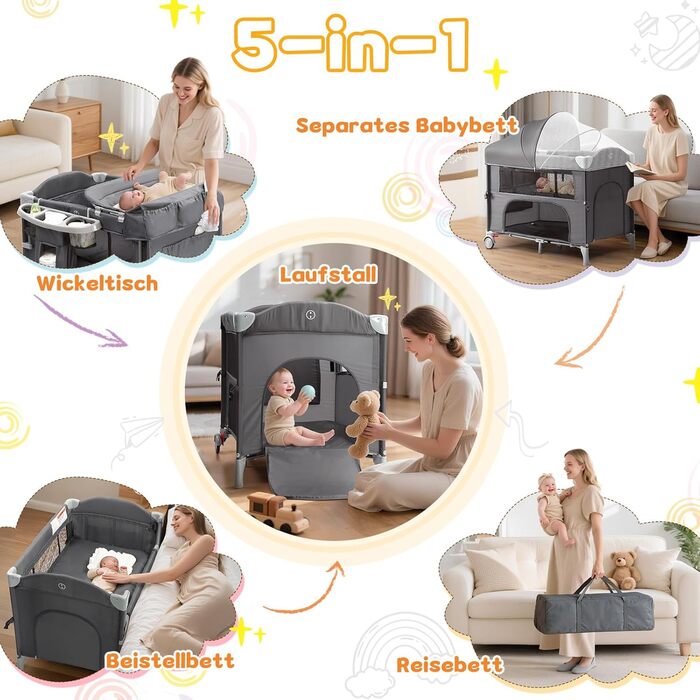 Приліжкове ліжечко 5-в-1, дорожнє ліжечко, дитяче ліжечко з пеленальною підкладкою, містким кошиком для зберігання, москітною сіткою, ігровою аркою та дорожньою сумкою для новонароджених та малюків (сірий колір)