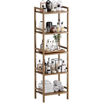 Бамбукова полиця для ванної кімнати HITNET, 5-рівнева книжкова полиця, полиця для ванної кімнати, окремостояча вузька висока полиця з регульованими полицями, компактна полиця для зберігання речей для домашнього офісу, горіх