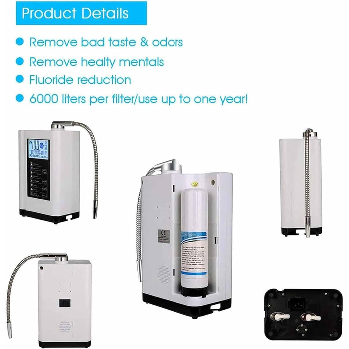 Іонізатор і очищувач води, до -500 Mv Orp, Ph 3,5-10,5, очищувач води, фільтр для лужної води з 7 налаштуваннями води, інтелектуальне голосове керування, білий