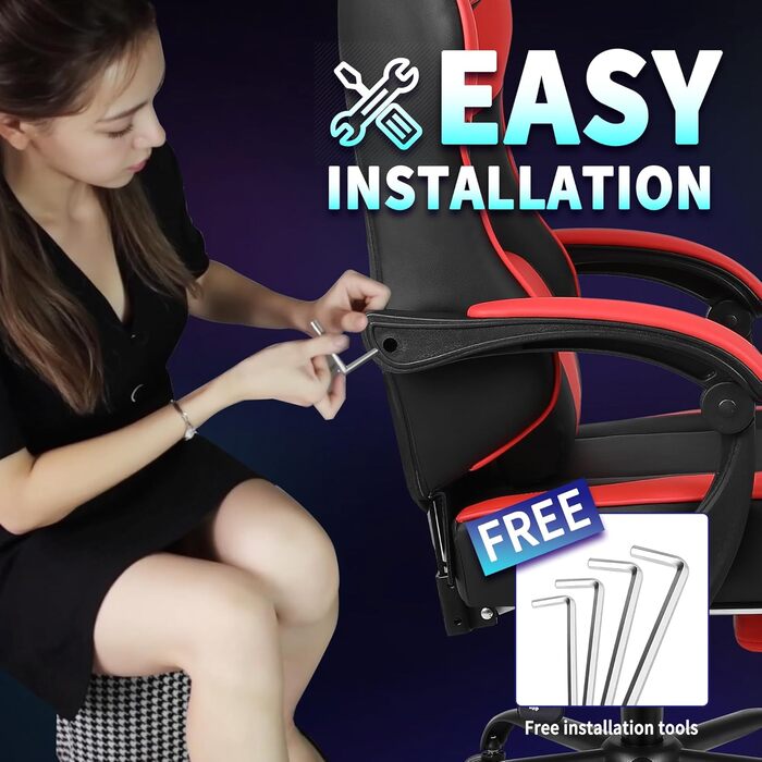 Офісне крісло SITMOD Ігрове крісло, велике ПК-крісло з регулюванням висоти, поворотне, ергономічне ігрове крісло зі штучної шкіри з підніжкою та поперековою опорою, поворотні робочі крісла на 360 - червоне