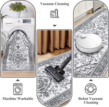 Кухонний килимок 60 x 180 см, високоякісний нековзний килимок для передпокою, традиційний довгий килимок, який можна прати, ретро, м&39який килимок для вітальні, офісу, коридору, сірий, 60 x 180 см