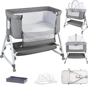 Дитяче ліжечко Side-by-Side, дитяче ліжечко 2-в-1 від народження до 25 кг, додаткове ліжко з 6 регулюваннями висоти, з матрацом/відкидною бічною панеллю/колесами, ліжечко з сітчастої тканини - 80 x 40 x 100-115 см - льон 80 x 40 x 100-115 см - льон