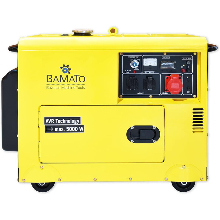 Дизельний генератор BAMATO BGE-5000D Технологія AVR 5000 Вт Електричний стартер 4-тактний дизельний двигун 7,9 к.с. Підключення 400 В, два підключення 230 В та один роз&39єм 12 В постійного струму