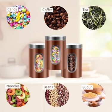 Набір кухонних банок з 3 предметів, харчові контейнери з нержавіючої сталі, органайзер з прозорим віконцем, кухонна стільниця, контейнери для зберігання кави, чаю, горіхів, борошна, цукру (коричневі)