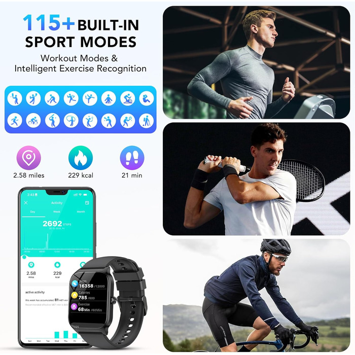 Розумний годинник CASCHO для жінок та чоловіків, 1,85-дюймовий HD-розумний годинник, 115 режимів, фітнес-трекер із Bluetooth-дзвінками, водонепроникний крокомір IP68 із функцією очікування до 30 днів для iOS та Android, сяючий чорний колір