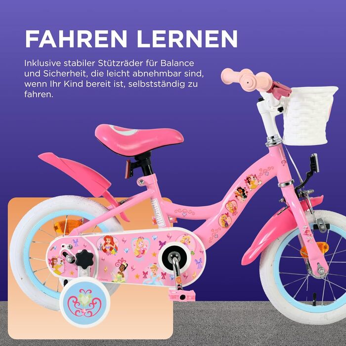 Дитячий велосипед Volare Disney Princess 12 дюймів рожевий з додатковими колесами та кошиком