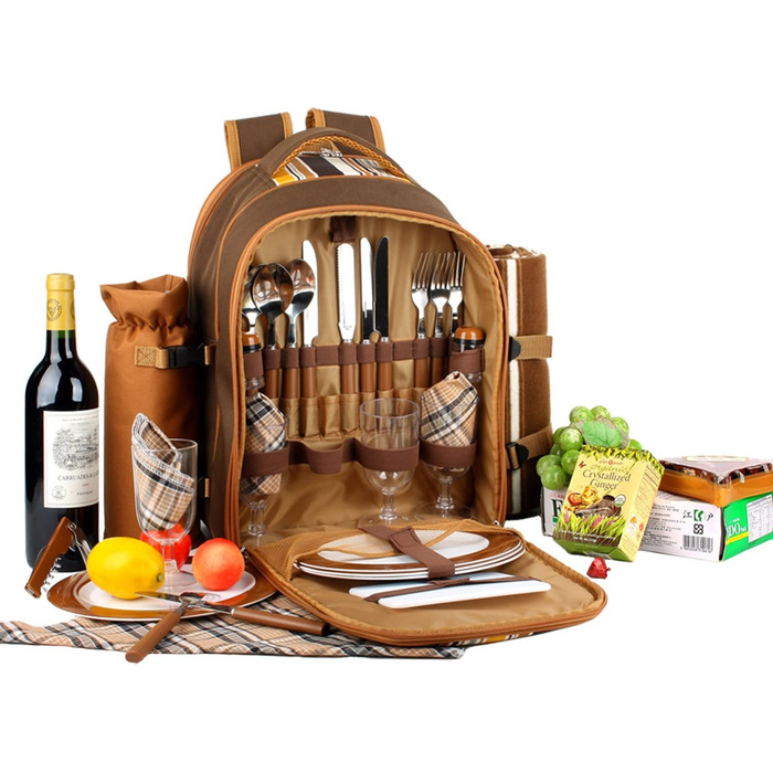 Рюкзак для пікніка Apollo Walker для 4 осіб, комплект для пікніка (комплект та ковдра), термосумка, сумка-холодильник для кемпінгу, пляжу, походів, коричневий-4