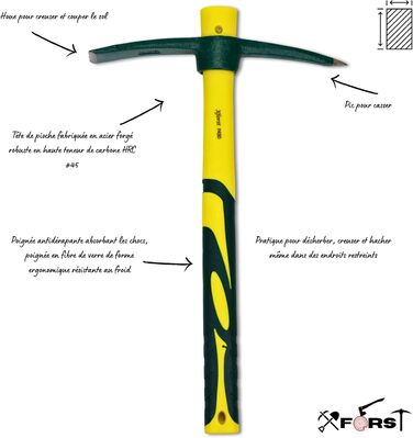 Міні-кирка Xforst X-PF430 з руків'ям зі скловолокна та кованим сталевим наконечником, ідеально підходить для саду, кемпінгу, догляду за рослинами та клумбами