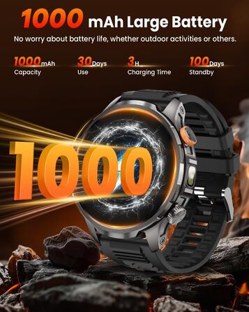 Чоловічий смарт-годинник з акумулятором 1000 мАг/світлодіодним ліхтариком, 1,91-дюймовий AMOLED 5ATM смарт-годинник військовий фітнес-трекер з функцією телефону, 113 спортивних режимів, спортивний годинник/цілодобовий монітор серцевого ритму/монітор сну/S