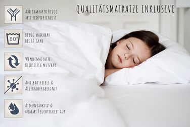 Дитяче ліжко Kids Collective 80x180 з матрацом, захистом від падіння та рейковою основою білого кольору, підходить для дівчаток, хлопчиків та підлітків.