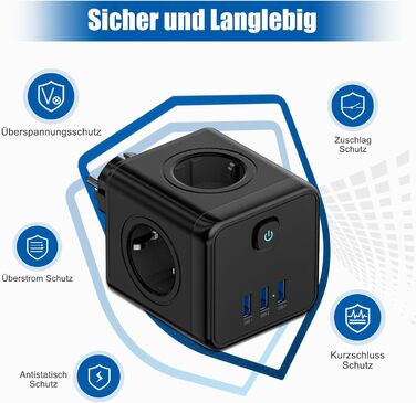 Перехідник для розетки з USB, розетки з вимикачем, подовжувач з USB, 4000 Вт/16 А, 3 USB (5 В/3,1 А), для спальні, подорожей та оф