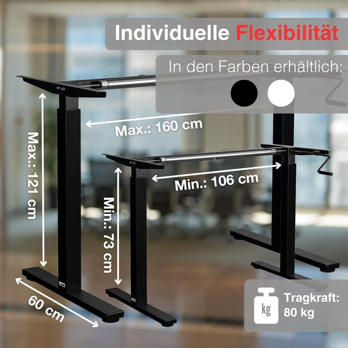 Каркас столу ergoM з регулюванням висоти та ручкою чорного кольору Висота каркасу столу регулюється від 73 до 121 см Стіл з ручним регулюванням висоти, ідеально підходить для офісу та домашнього офісу (чорний)