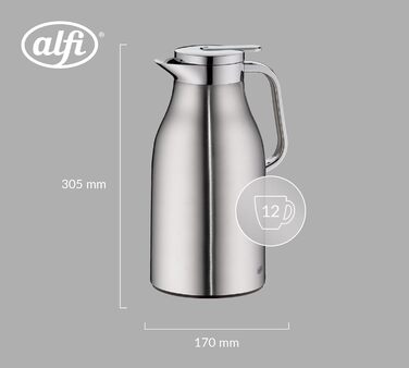 Термос alfi SKYLINE 1,5 л, матова нержавіюча сталь, з гігієнічним загартованим скляним вкладишем, кришка з поворотним замком та зручною кнопкою, ергономічна ручка, керування однією рукою, ідеально підходить як кавник